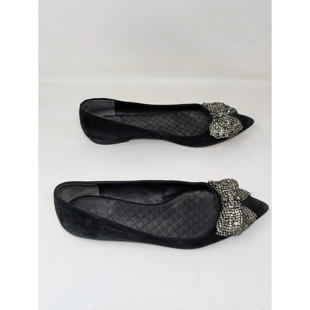 Tory Burch Esme Crystal‎ Rhinestone Bow Flats Black Suede Women's Size 9 M Shoes